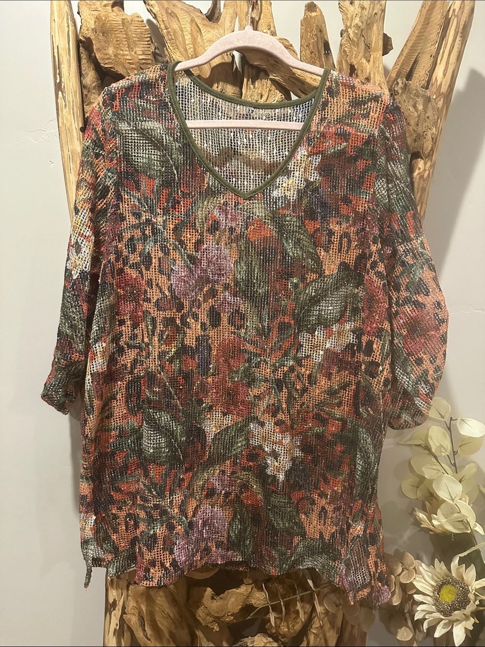 Women’s V-Neck Lightweight Floral Knit Top - Olive Multi